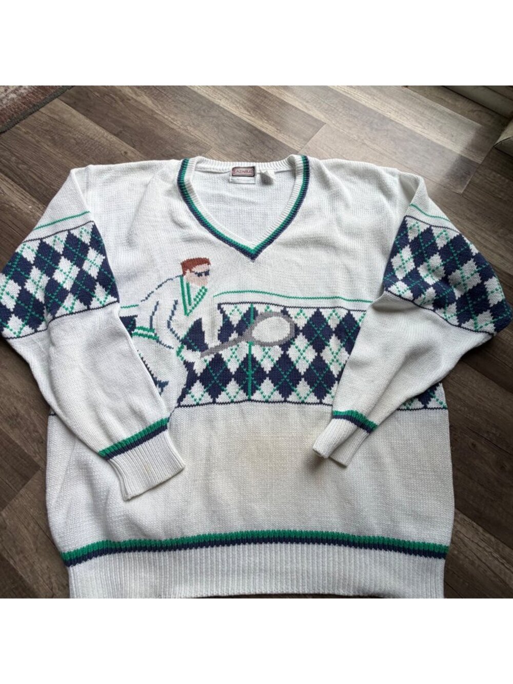 Vintage Lazarus Hand Loomed Tennis Sweater Argyle Pattern V-Neck Cotton XL White